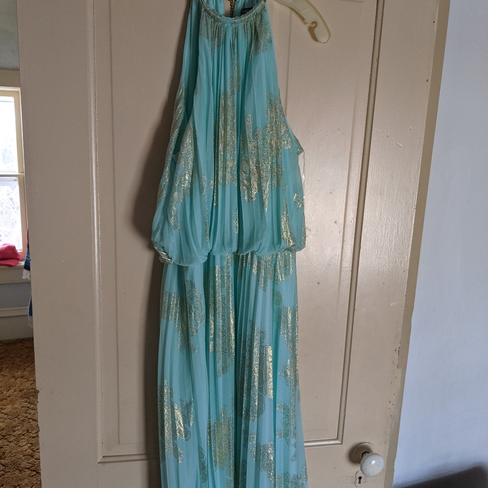 Aqua and Metallic Gold Prom Dress
